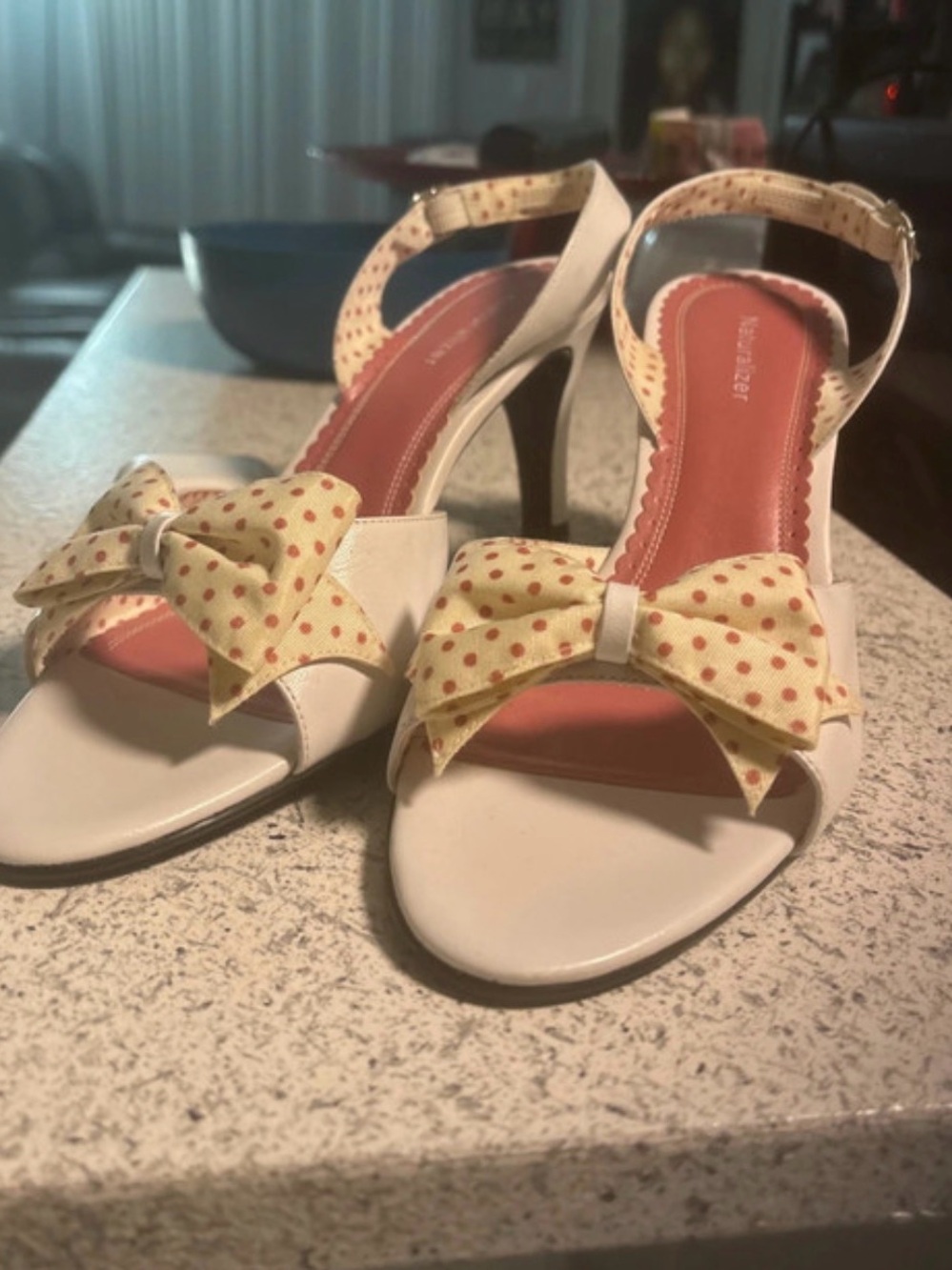 Naturalizer White Slingback Heels with Yellow Polka Dot Bow Accent
